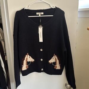 Vigoss dark navy Button-Front Sweater Cardigan with Brown and Cream Horse Motifs